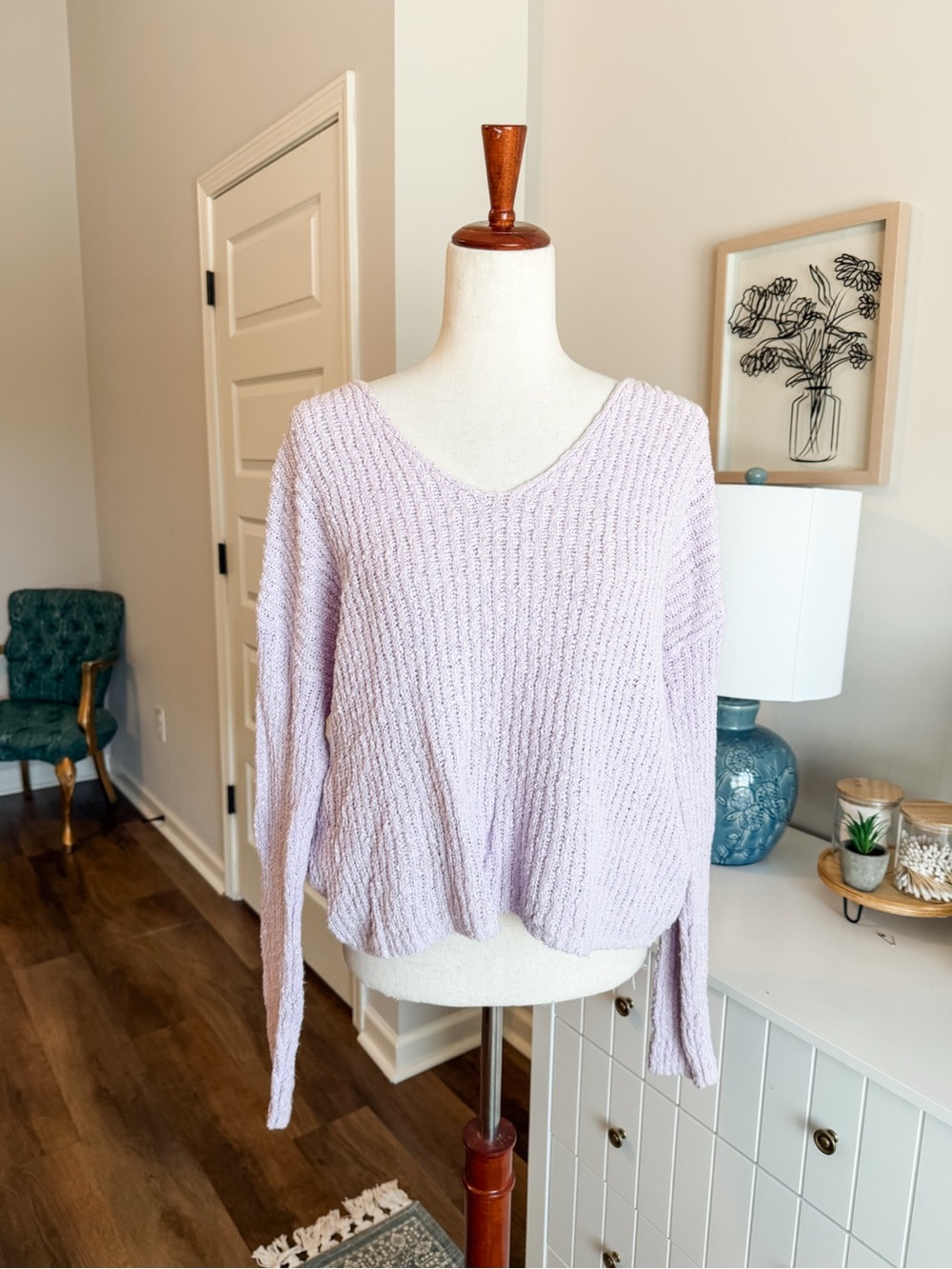Open-Knit Pale Purple Cropped Cotton Sweater